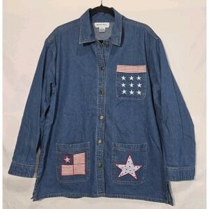 Michelle Louise Vtg Denim Shirt Jacket LRG Patriotic Americana 4th of July Flag